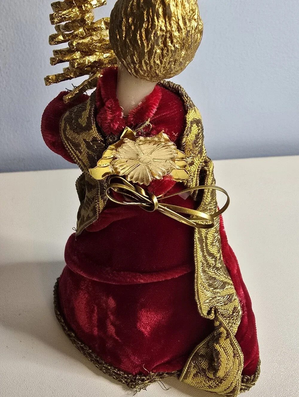 Vintage Koestel German Wax Angel Christmas Velvet Gown Red MISSING WINGS